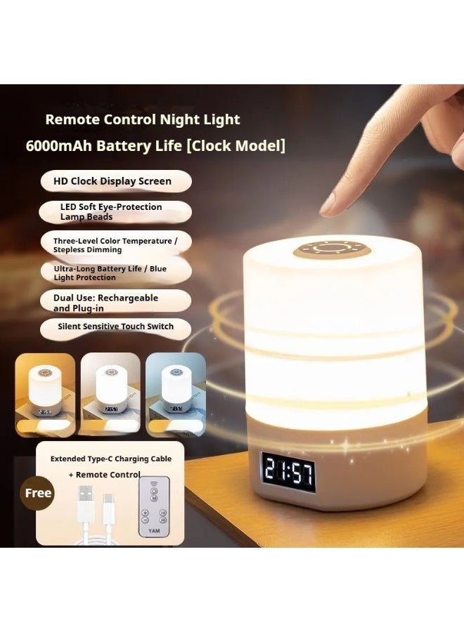 Multifunctional Touch Control Bedside Night Light with Clock — 3 Color Temperatures, Remote  Timer, Long-Lasting Rechargeable Eye-Care Lamp for Bedroom, Nursery, Travel - Image 2