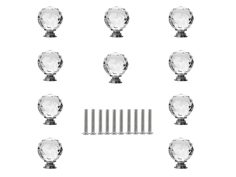JP Hardware Clear Glass Crystal Shape Cabinet knobs Pack of 10 Polished Finish Round Chrome 30mm Round Chrome 30mm