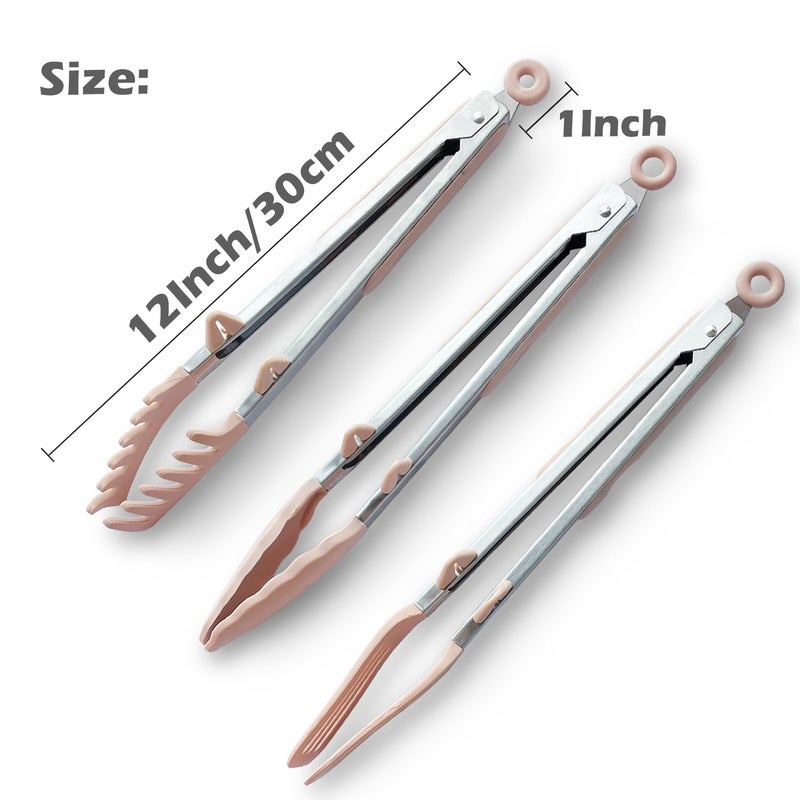 TOWINGO Tongs For Cooking, 12"" Kitchen Tongs With Silicone Tips, Food Grade Serving Tongs Set Of 3, Pink - Image 4