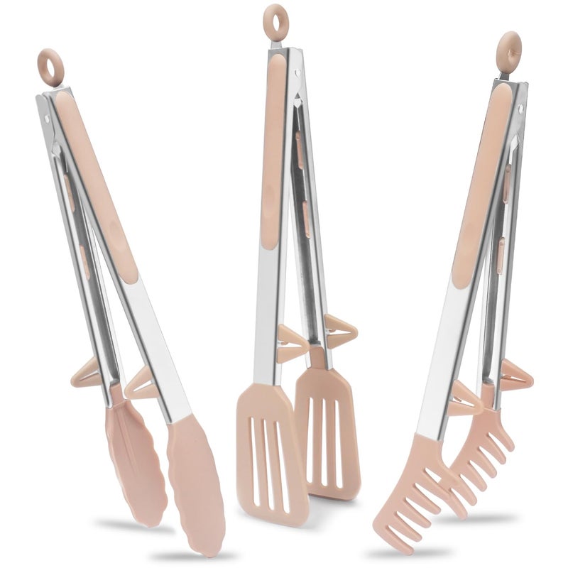 TOWINGO Tongs For Cooking, 12"" Kitchen Tongs With Silicone Tips, Food Grade Serving Tongs Set Of 3, Pink - Image 1