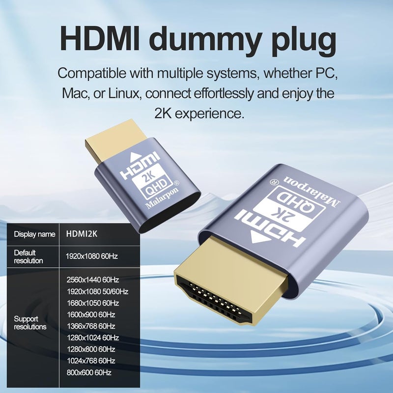 Malarpon HDMI Dummy Plug fit-Headless Display Emulator DDC EDID Headless Ghos with Windows Mac OSX Linux Great for Graphics Acceleration Support 1920x1080@60Hz 2P - Image 2