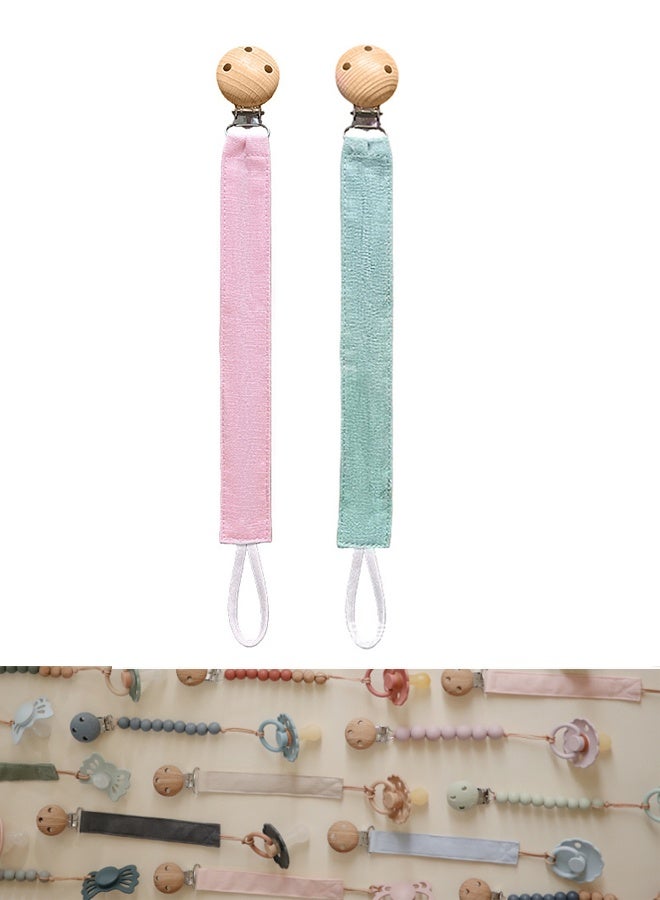 Linen Baby Pacifier Clip Holder | Soft Fabric Strap, 2-Pack (Green+Pink) - Image 1