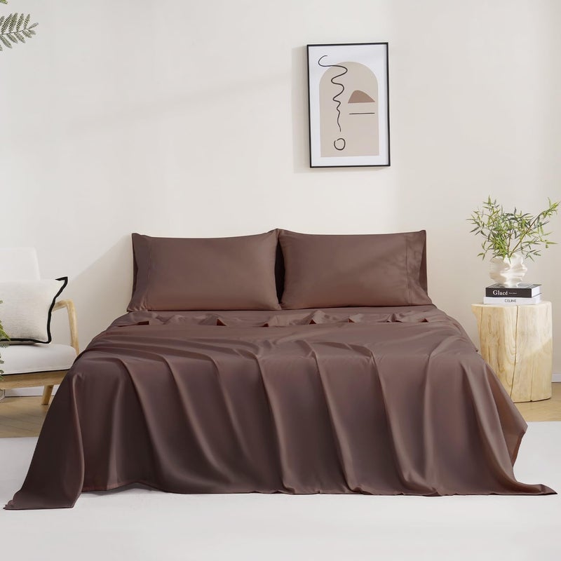 SHEETS STARGAZER Bed sheet for Double Queen Size Bed With 2 Pillowcovers 100 Egyptian Cotton 600 Thread count Soft Breathable Fabric Sateen Weave Flat sheet 90 X 102 Inches Pillowcover chocolate Solid - Image 1