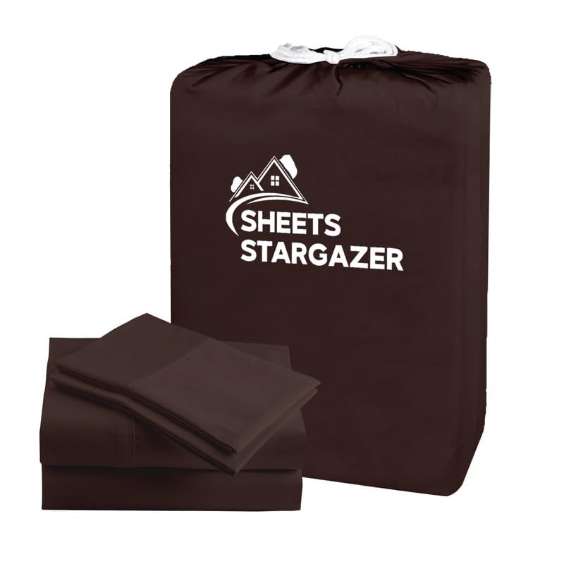 SHEETS STARGAZER Bed sheet for Double Queen Size Bed With 2 Pillowcovers 100 Egyptian Cotton 600 Thread count Soft Breathable Fabric Sateen Weave Flat sheet 90 X 102 Inches Pillowcover chocolate Solid - Image 2