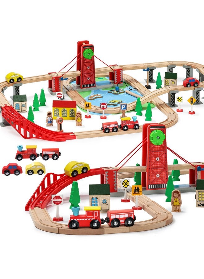 SainSmart Jr. SainSmart Jr. Wooden Train Set for Toddler, Double-Side Wood Train Track with 4 Trains Fits Brio, Thomas, Melissa and Doug, Toy Railway Kit for Kids Ages 3+  - Image 1