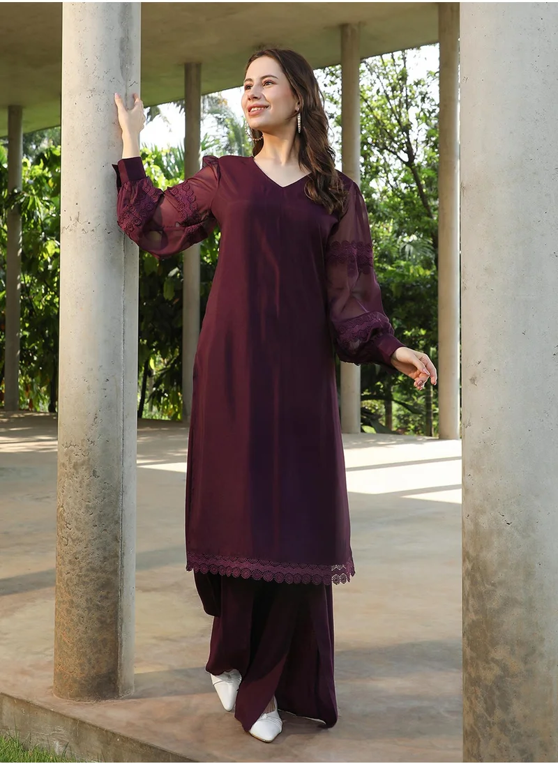 QISSA Women's Grape Purple Solid Flared Kurta Set
