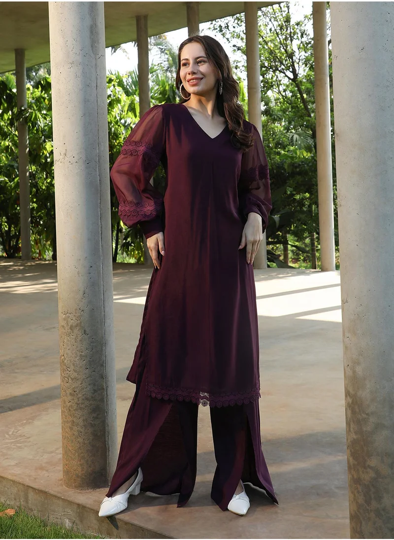 QISSA Women's Grape Purple Solid Flared Kurta Set