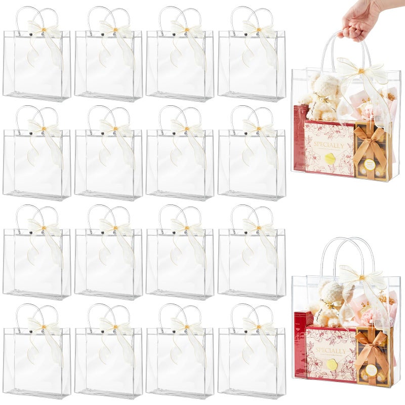 Ohuimrt 20 PCS Clear Plastic Gift Bags with Handles, 9.84 x 9.84 x 3.54 Inches Reusable Party Favor Bags with Ribbon Transparent Gift Wrap Bags Bulk for Weddings Birthdays - Image 1