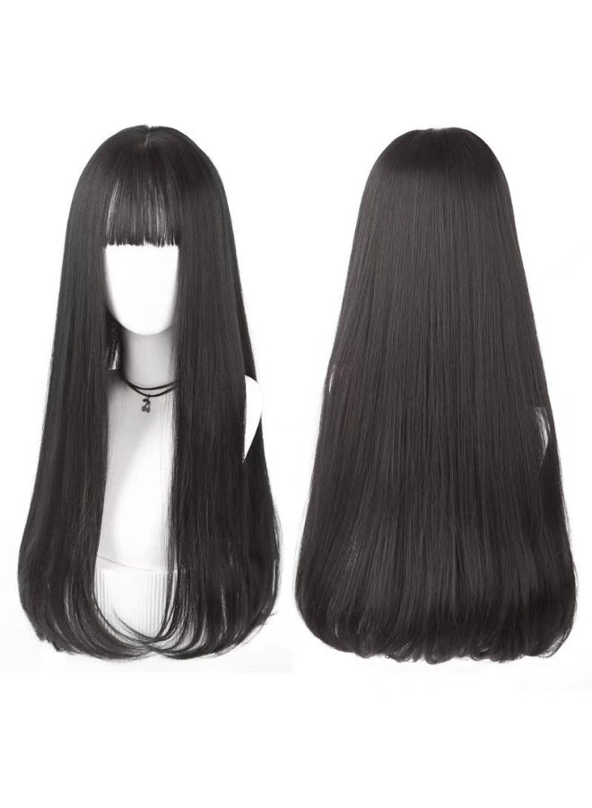 Natural Black Long Straight Wig - Face-Framing Air Bangs Full Cap  - Image 1