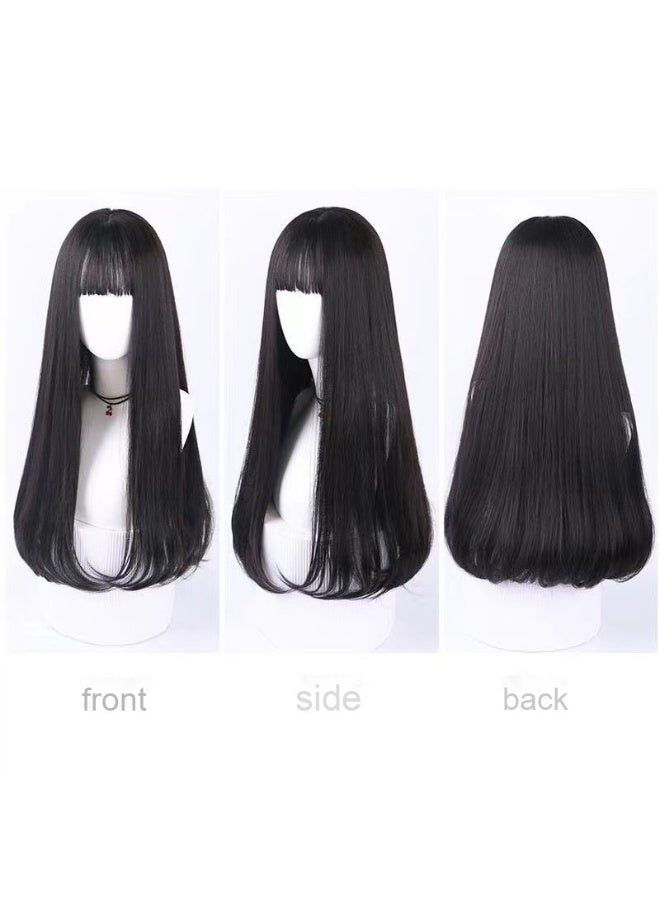 Natural Black Long Straight Wig - Face-Framing Air Bangs Full Cap  - Image 2