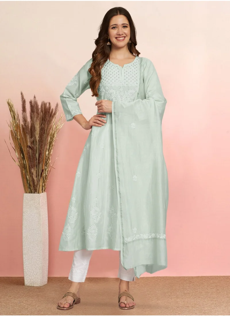 Alaya Hand embroidered Chikankari Chanderi Cotton Kurta Set and Dupatta with Mukaish-AL3665KS