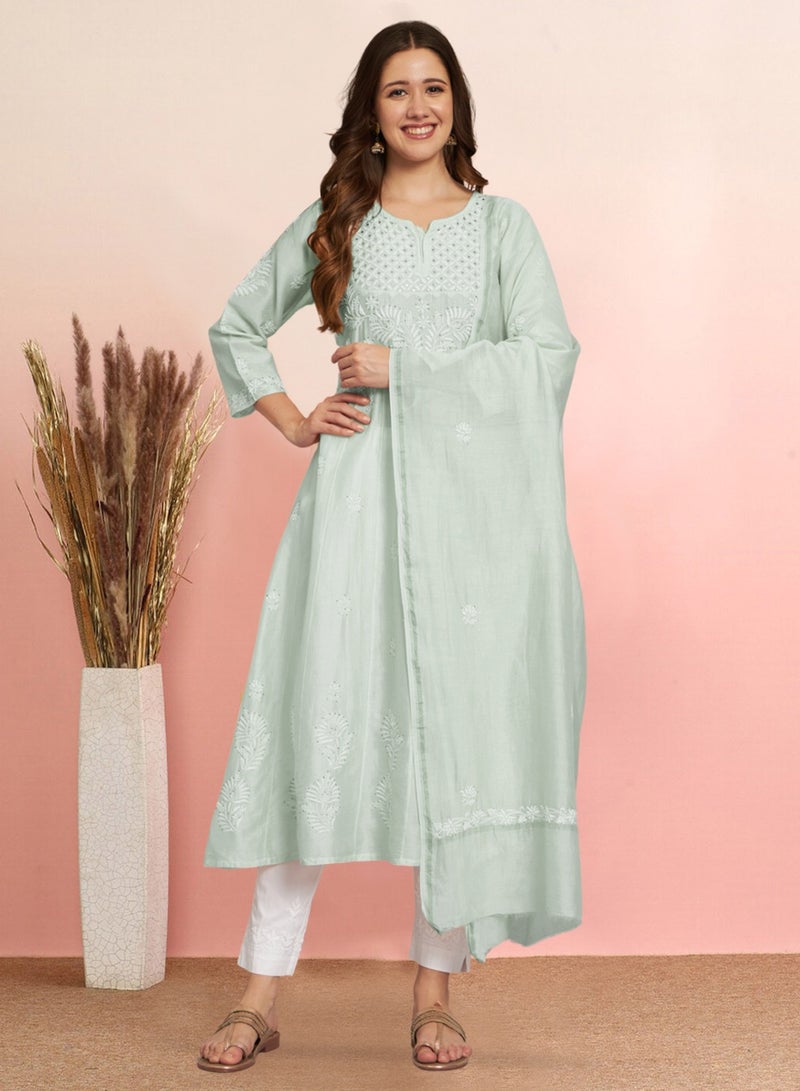 Alaya Hand embroidered Chikankari Chanderi Cotton Kurta Set and Dupatta with Mukaish-AL3665KS  - Image 1