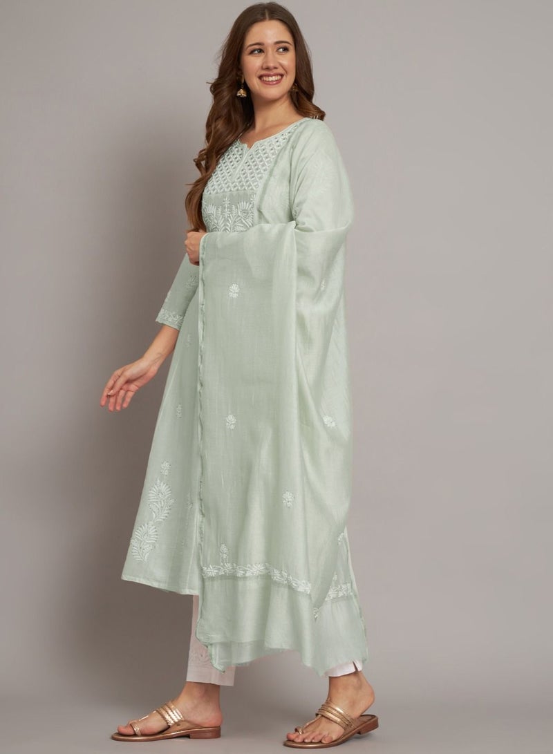 Alaya Hand embroidered Chikankari Chanderi Cotton Kurta Set and Dupatta with Mukaish-AL3665KS  - Image 3