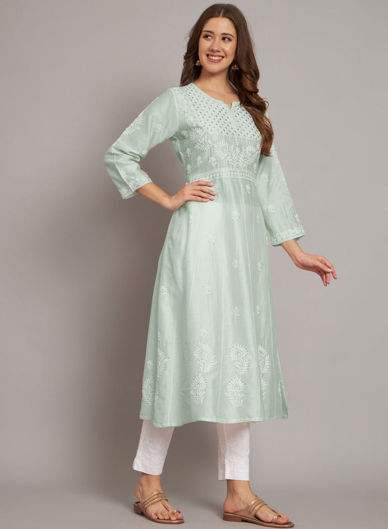 Alaya Hand embroidered Chikankari Chanderi Cotton Kurta Set and Dupatta with Mukaish-AL3665KS  - Image 4
