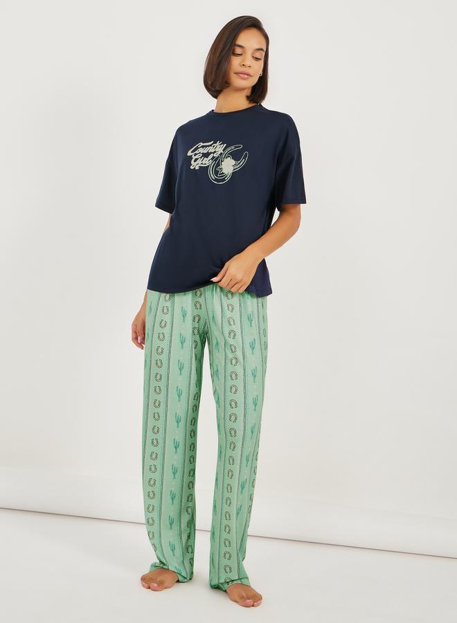Styli Country Girl Graphic Print T-Shirt and Pyjama Set  - Image 1