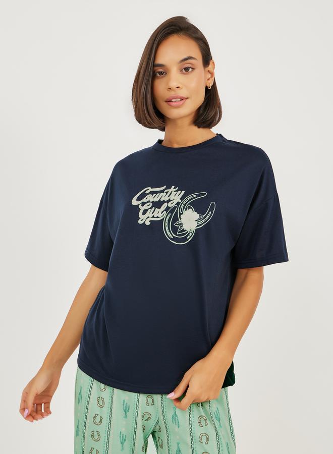 Styli Country Girl Graphic Print T-Shirt and Pyjama Set  - Image 2