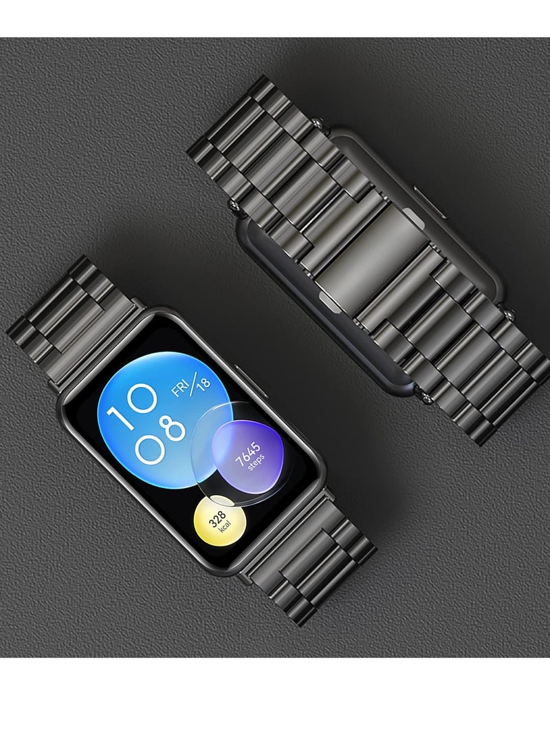 حزام معدني متوافق مع ملحقات ساعة Huawei Watch Fit المصنوعة من الفولاذ المقاوم للصدأ لساعة Huawei Watch Fit & Watch Fit الأنيقة والساعة النشطة باللون الأسود - Image 2