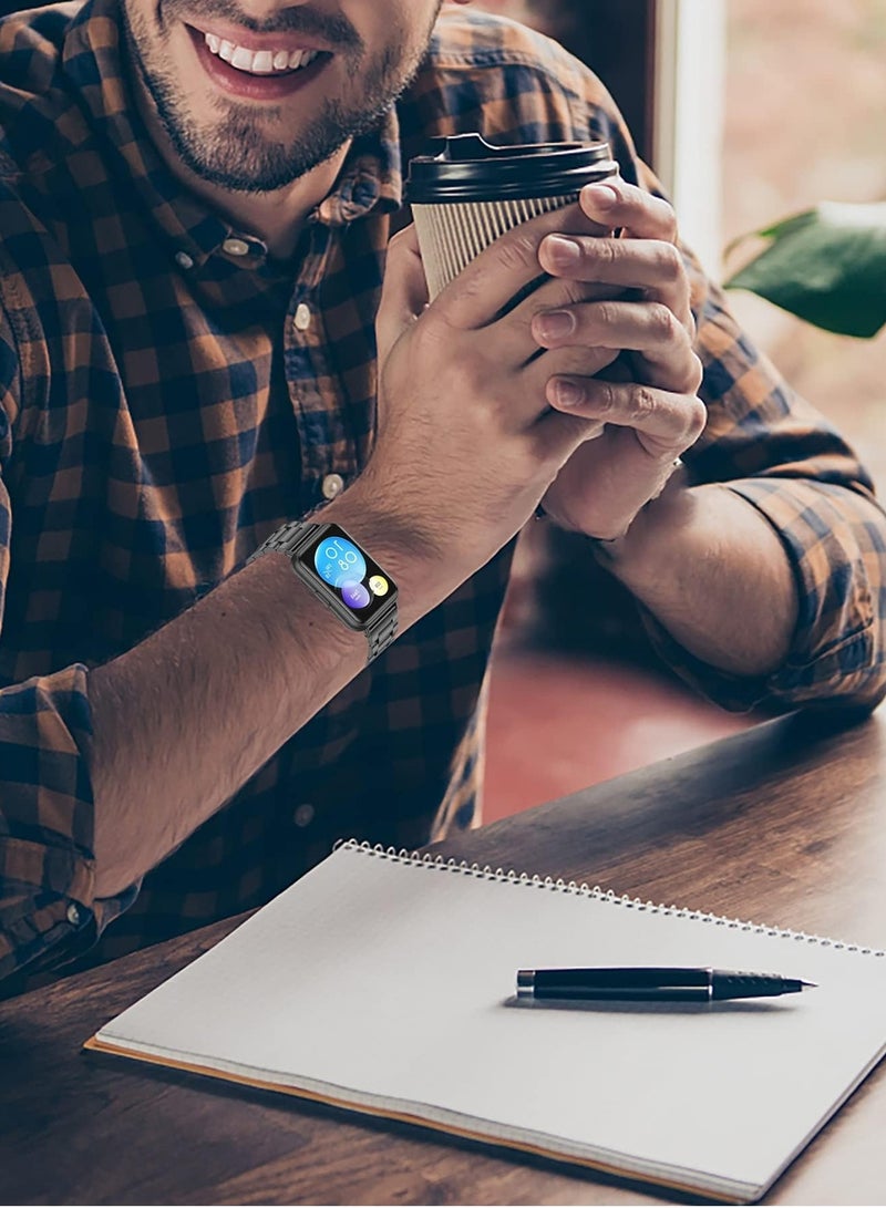 حزام معدني متوافق مع ملحقات ساعة Huawei Watch Fit المصنوعة من الفولاذ المقاوم للصدأ لساعة Huawei Watch Fit & Watch Fit الأنيقة والساعة النشطة باللون الأسود - Image 5