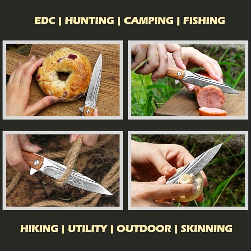 YOUSUNLONG Camping Folding Knife - Hammered Damascus Steel Blade - Italian Olive Wood Cover - Image 4