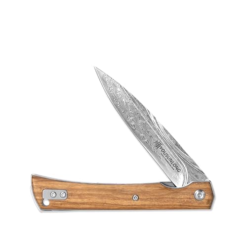 YOUSUNLONG Camping Folding Knife - Hammered Damascus Steel Blade - Italian Olive Wood Cover - Image 1
