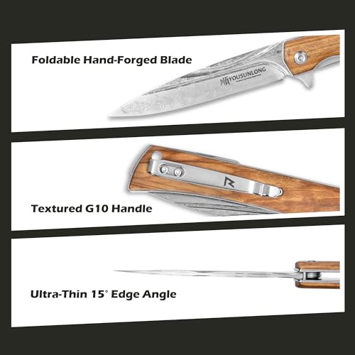 YOUSUNLONG Camping Folding Knife - Hammered Damascus Steel Blade - Italian Olive Wood Cover - Image 5