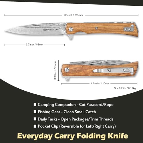 YOUSUNLONG Camping Folding Knife - Hammered Damascus Steel Blade - Italian Olive Wood Cover - Image 2
