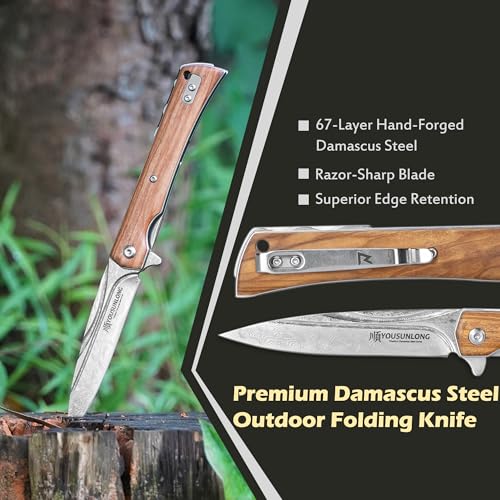 YOUSUNLONG Camping Folding Knife - Hammered Damascus Steel Blade - Italian Olive Wood Cover - Image 3