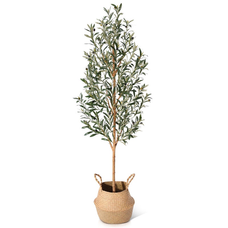 Kazeila Faux Olive Tree 6FT â€“ Tall Artificial Plants Indoor with Real Wood Trunk & Seagrass Basket, Lifelike Silk Leaves & Fruits â€“ Potted Large Fake Trees for Home, Living Room, Bedroom & Office Decor - Image 1