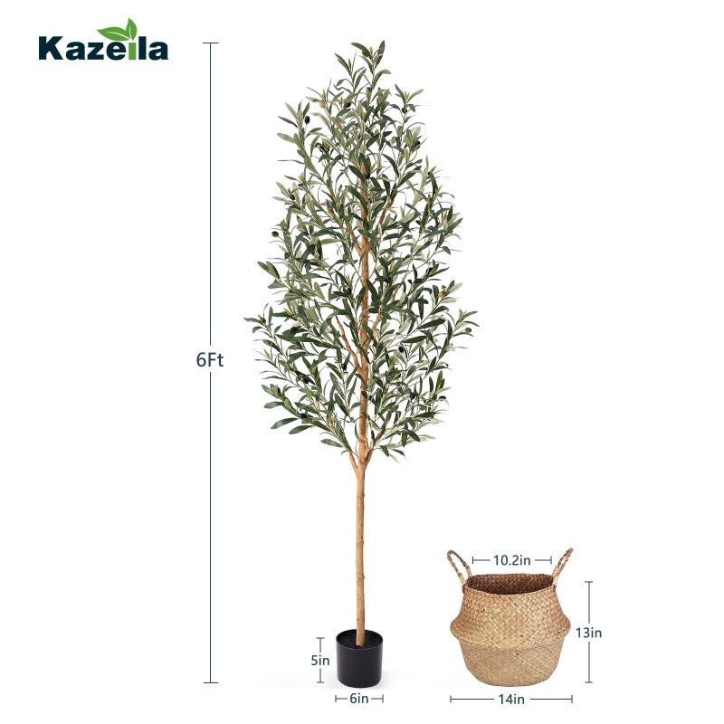 Kazeila Faux Olive Tree 6FT â€“ Tall Artificial Plants Indoor with Real Wood Trunk & Seagrass Basket, Lifelike Silk Leaves & Fruits â€“ Potted Large Fake Trees for Home, Living Room, Bedroom & Office Decor - Image 3