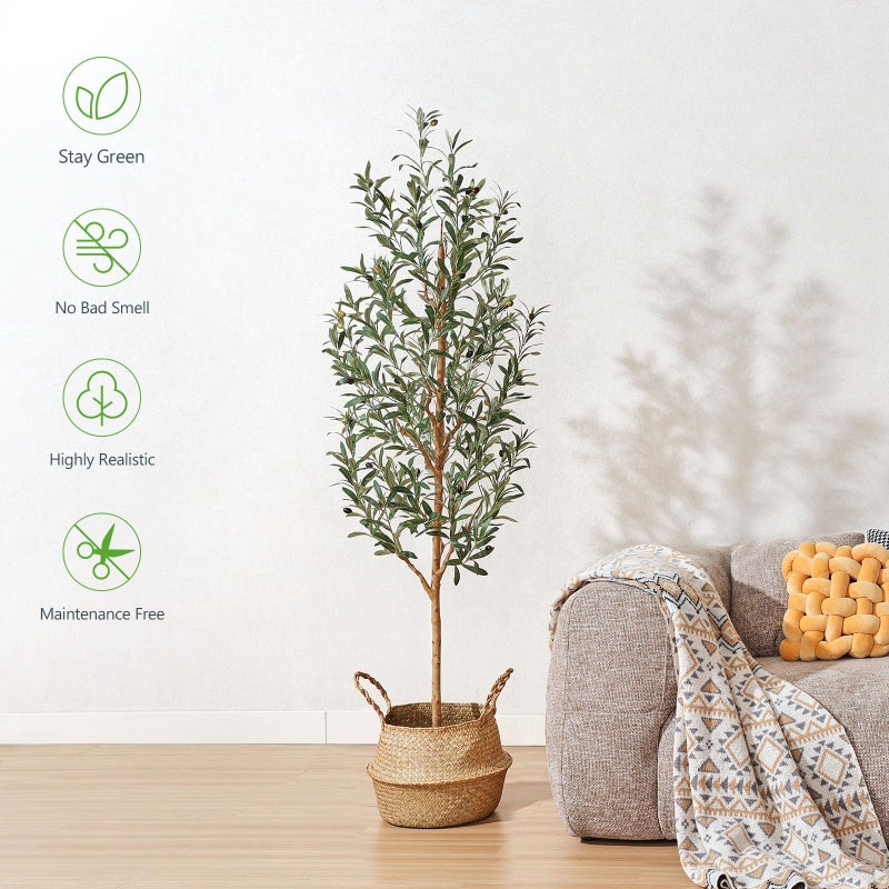 Kazeila Faux Olive Tree 6FT â€“ Tall Artificial Plants Indoor with Real Wood Trunk & Seagrass Basket, Lifelike Silk Leaves & Fruits â€“ Potted Large Fake Trees for Home, Living Room, Bedroom & Office Decor - Image 2
