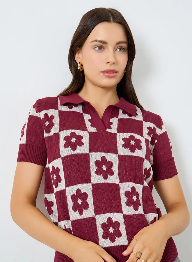 Red Floral Knit Relaxed Fit Polo T-Shirt