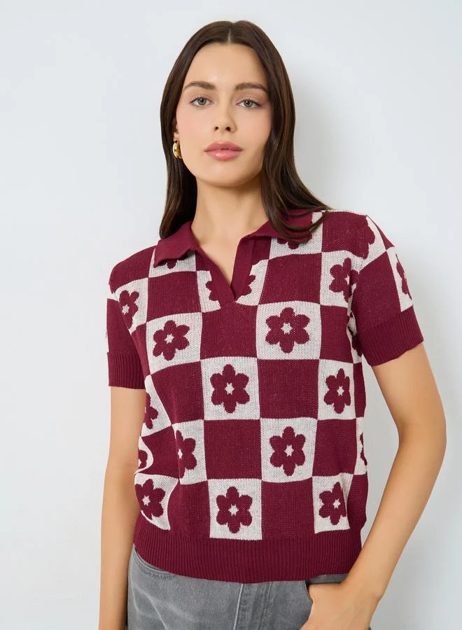 Styli Red Floral Knit Relaxed Fit Polo T-Shirt