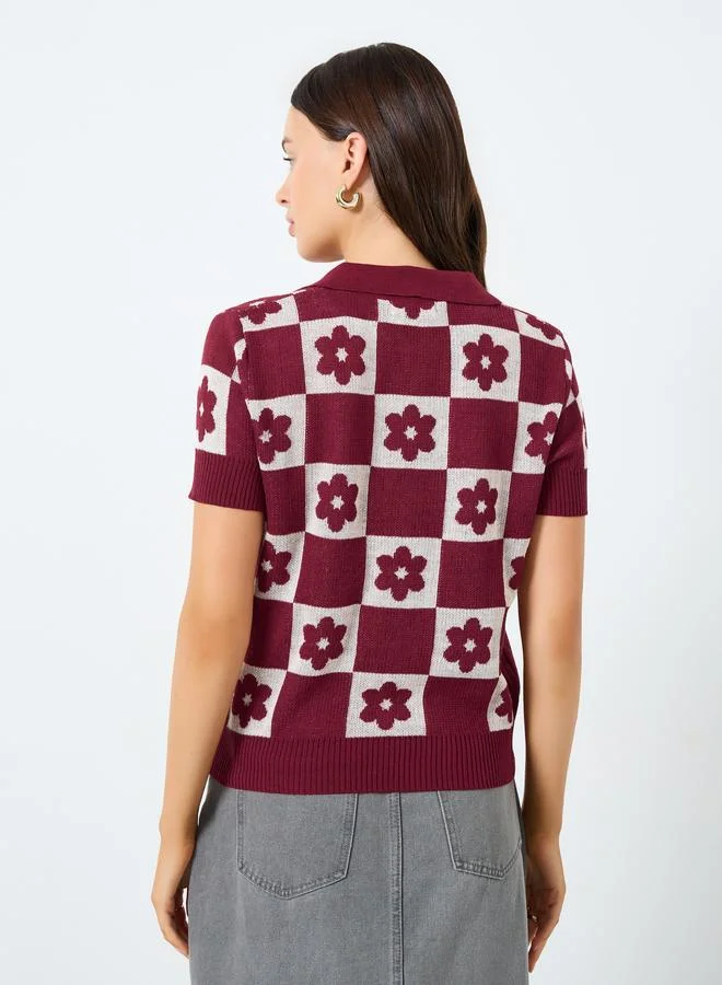 Styli Red Floral Knit Relaxed Fit Polo T-Shirt