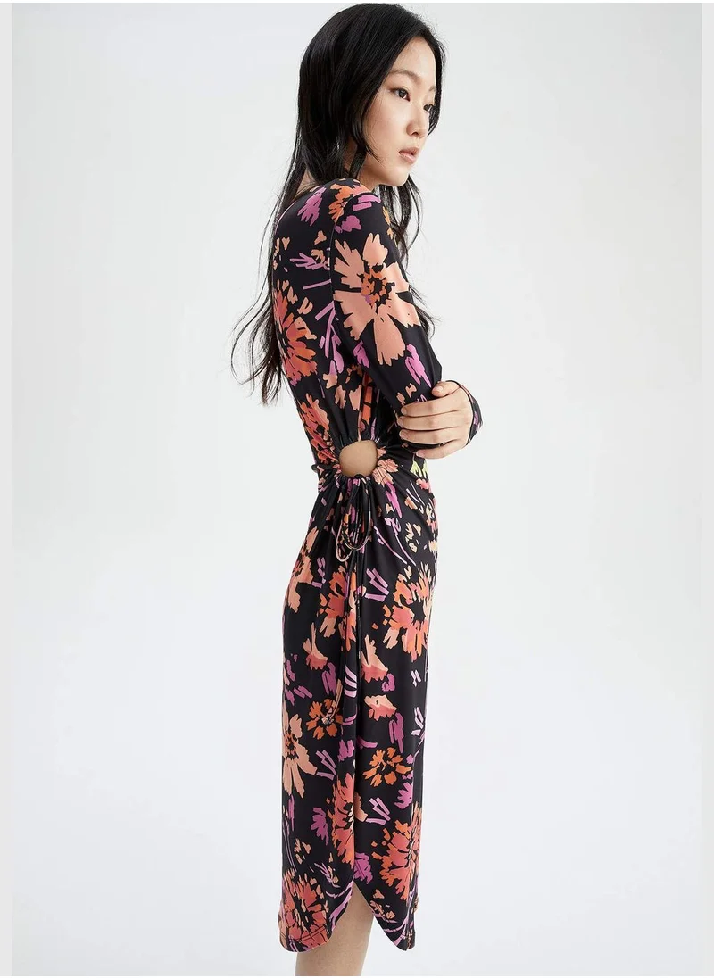 ديفاكتو Long Sleeve Floral Print Midi Dress