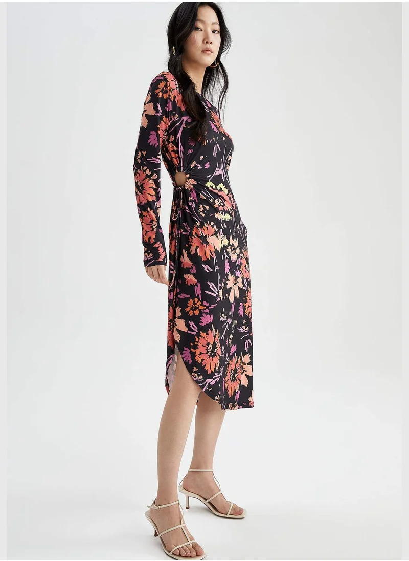 ديفاكتو Long Sleeve Floral Print Midi Dress