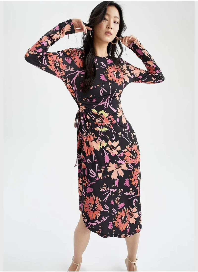 ديفاكتو Long Sleeve Floral Print Midi Dress
