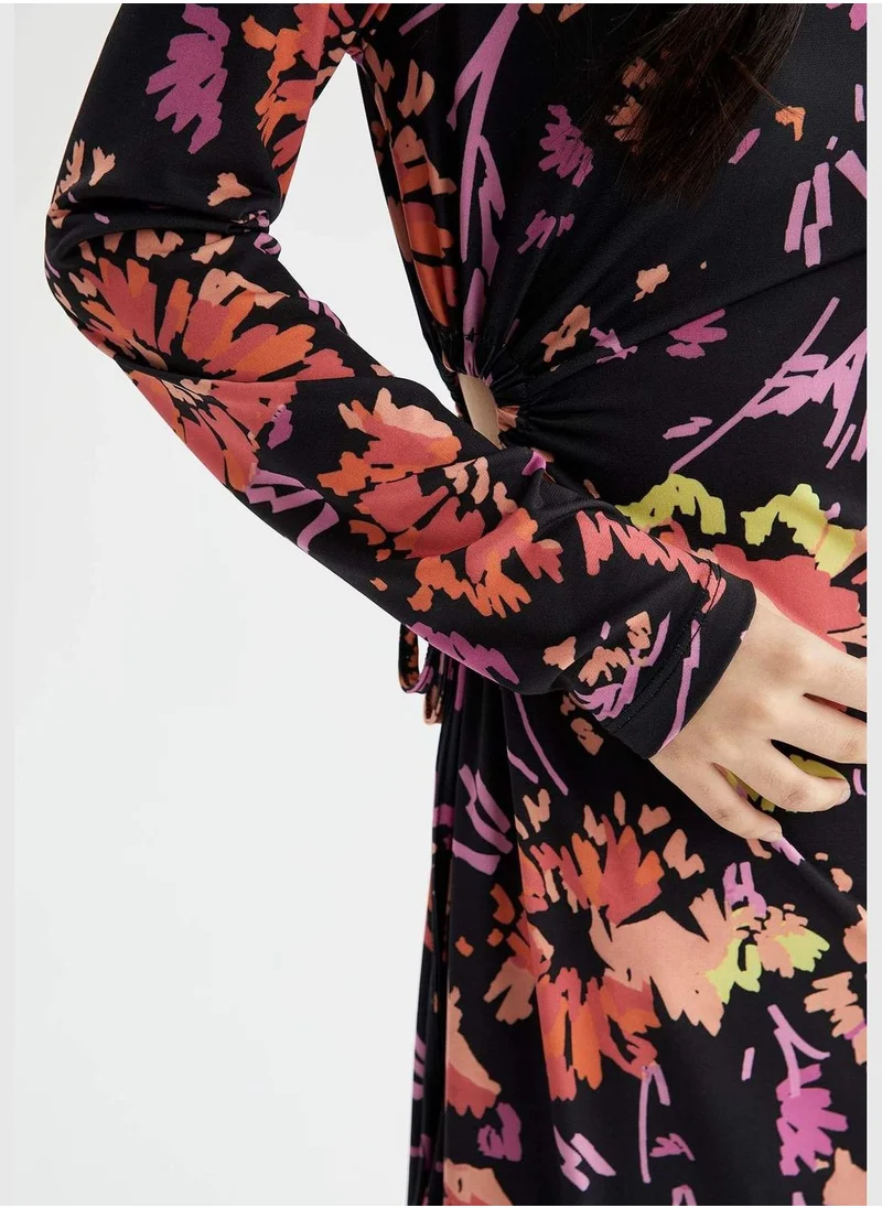 ديفاكتو Long Sleeve Floral Print Midi Dress