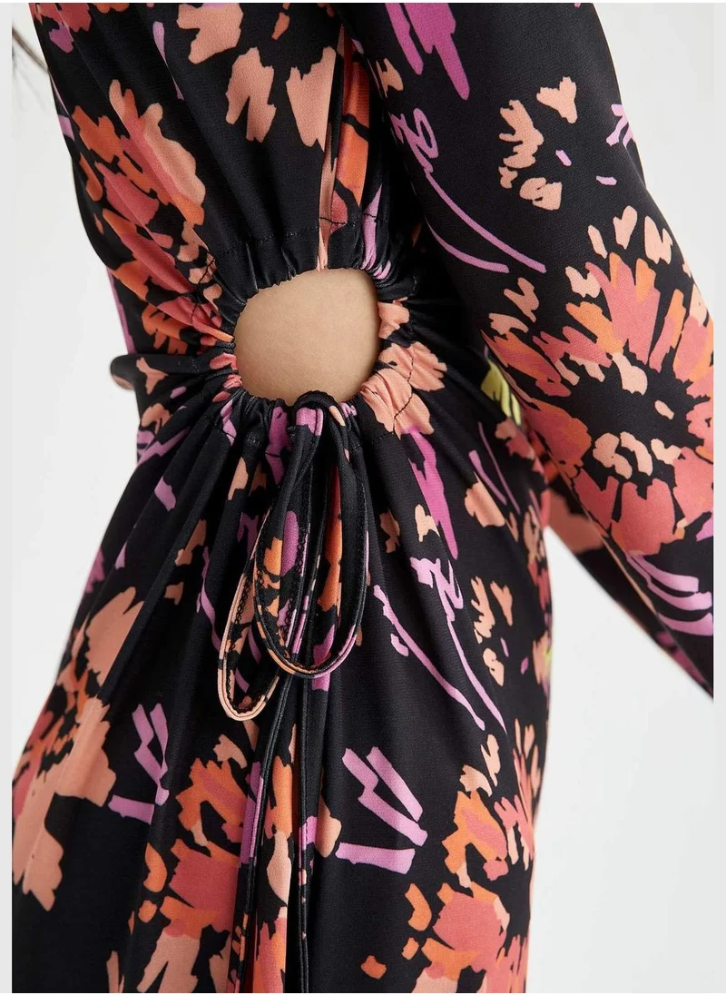 ديفاكتو Long Sleeve Floral Print Midi Dress