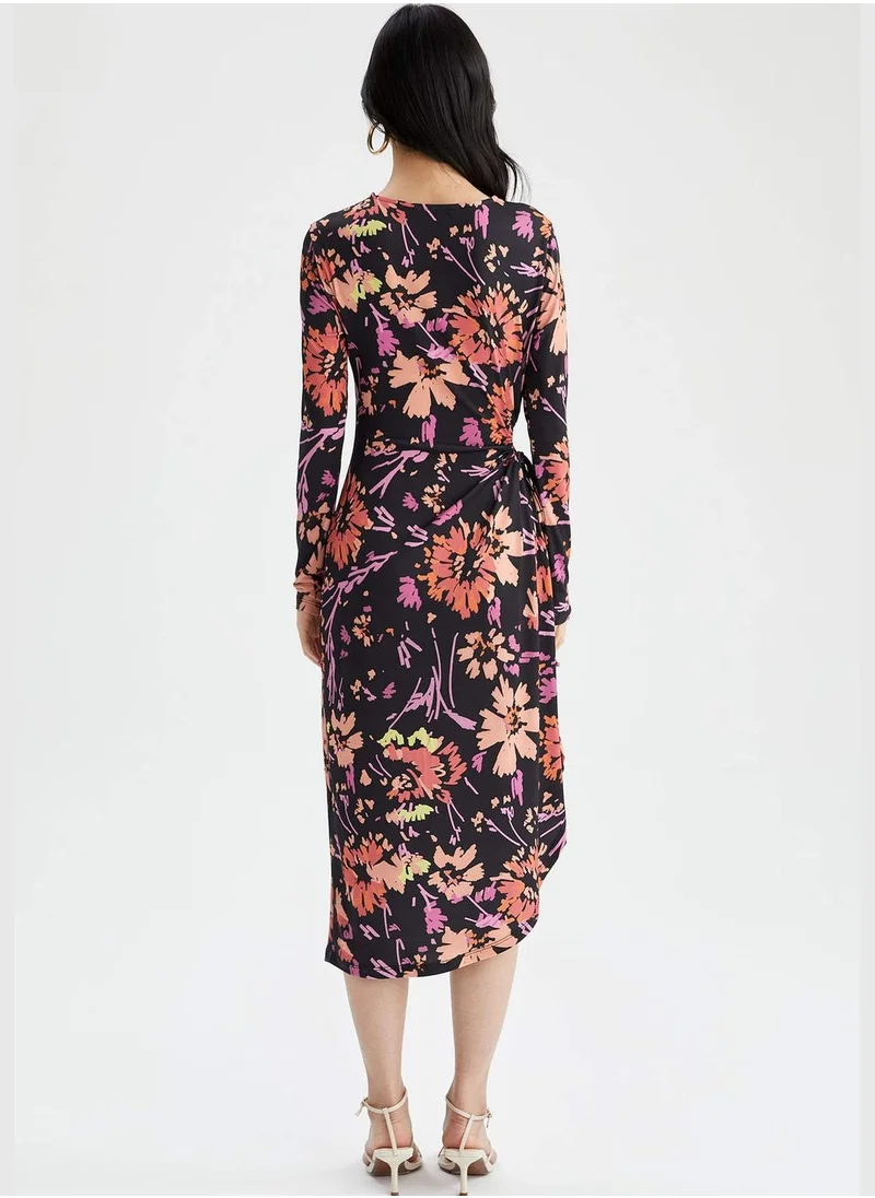 ديفاكتو Long Sleeve Floral Print Midi Dress