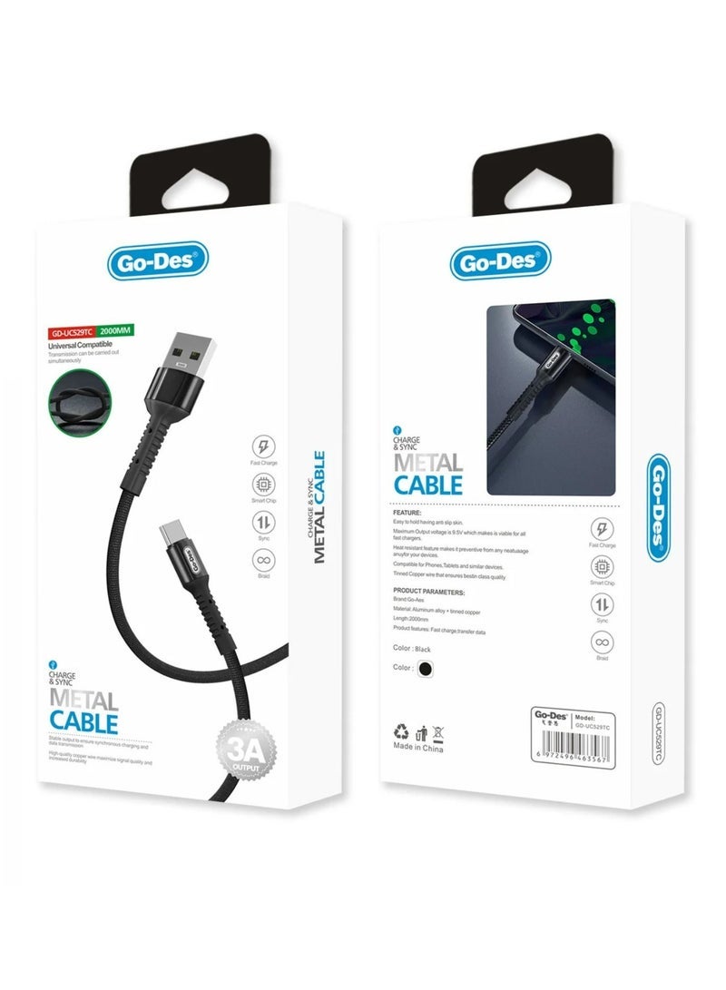 GO-DES 2M USB Fast Charging Cable for Type-C Devices – Durable Nylon Braided Data Sync Cord, Quick Charge Compatible, Tangle-Free Design, High-Speed Transfer, Strong Aluminum Alloy Connectors - Image 2