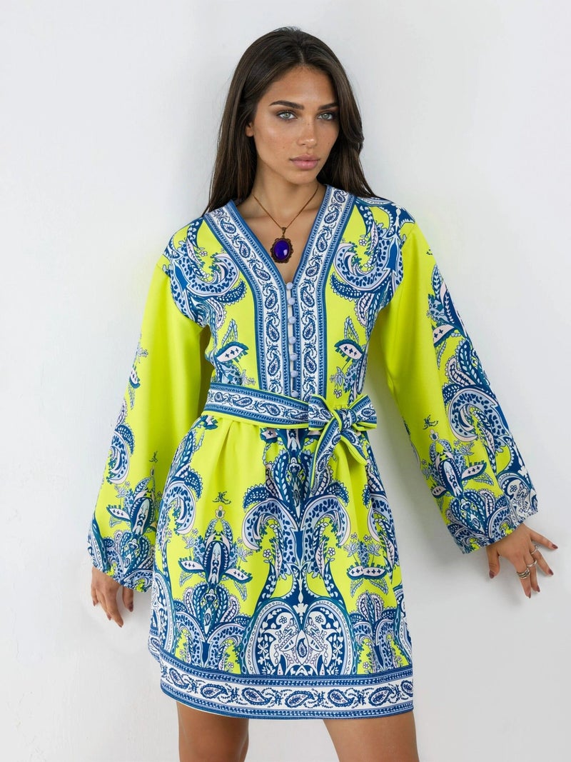 Jennyfer V-Neck Paisley A-Line Mini Dress with Buttons - Image 4