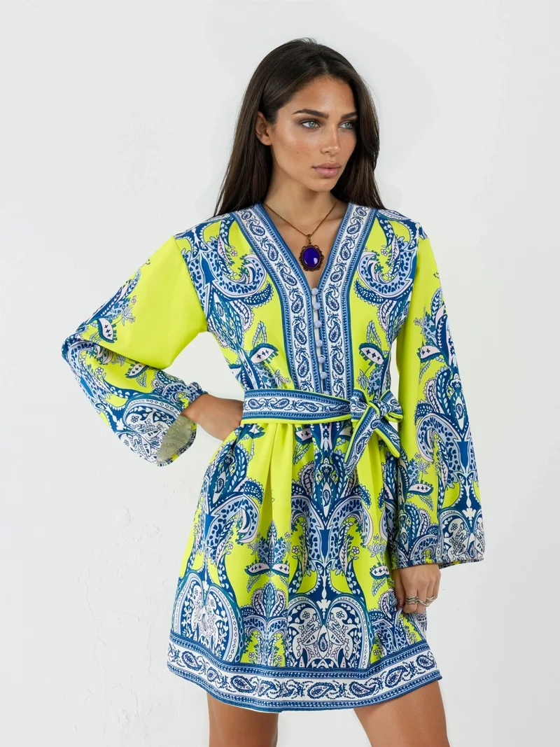 جينيفر V-Neck Paisley A-Line Mini Dress with Buttons