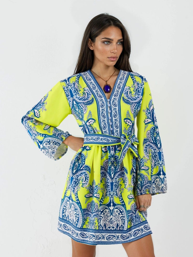 Jennyfer V-Neck Paisley A-Line Mini Dress with Buttons - Image 1