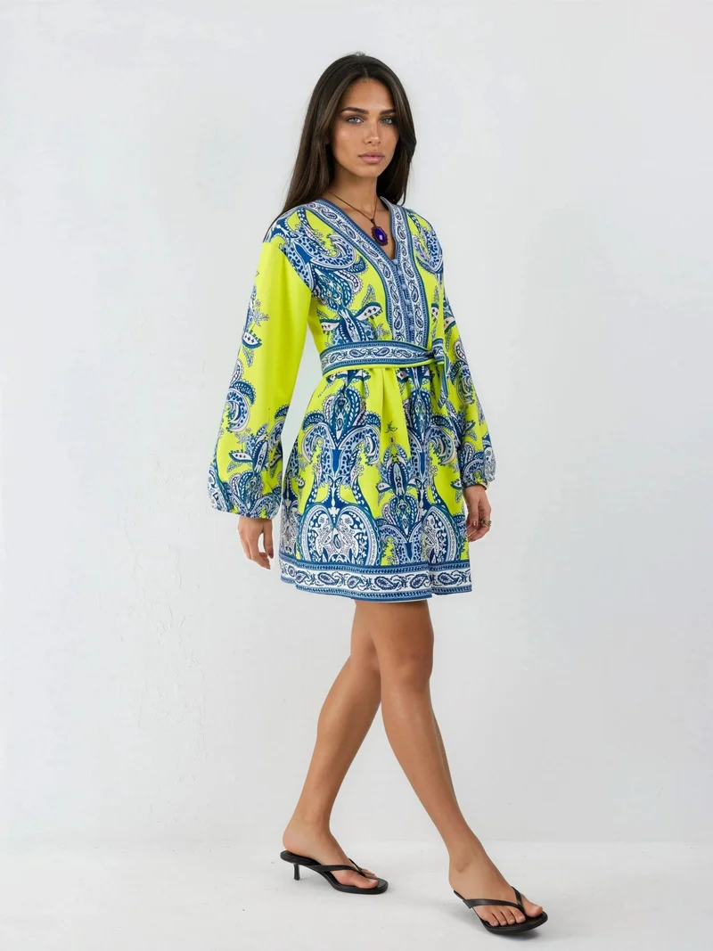 جينيفر V-Neck Paisley A-Line Mini Dress with Buttons