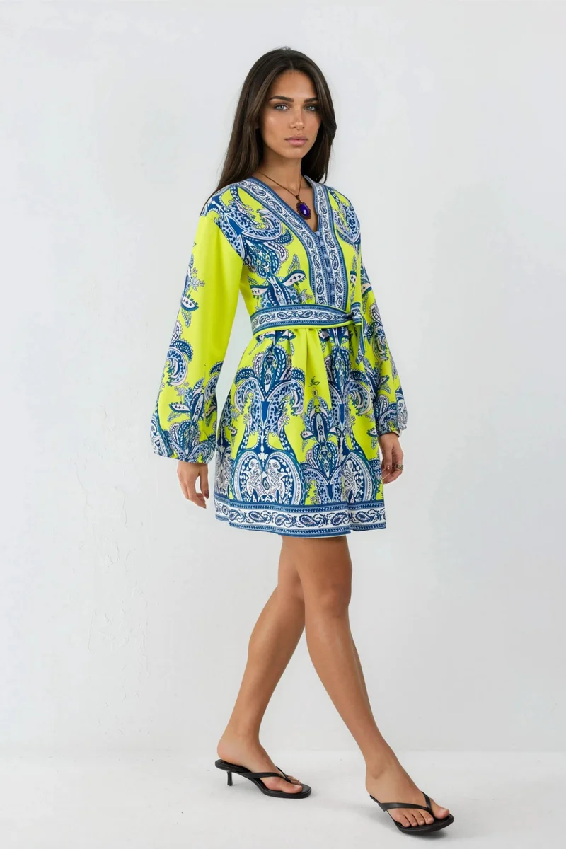 Jennyfer V-Neck Paisley A-Line Mini Dress with Buttons