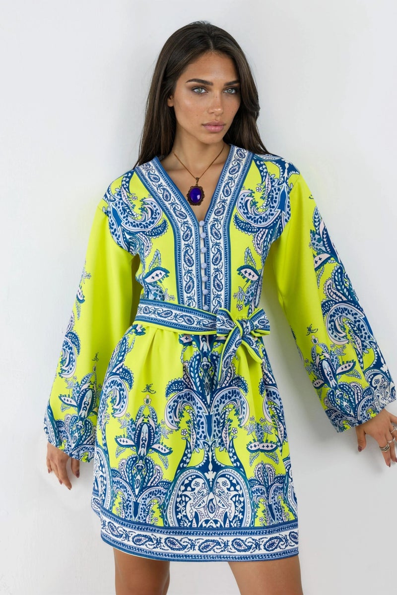 Jennyfer V-Neck Paisley A-Line Mini Dress with Buttons - Image 4