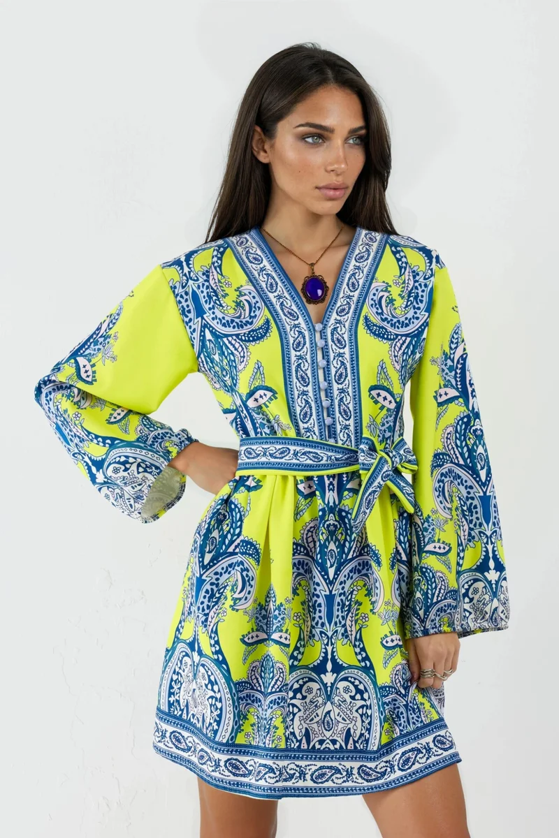 Jennyfer V-Neck Paisley A-Line Mini Dress with Buttons