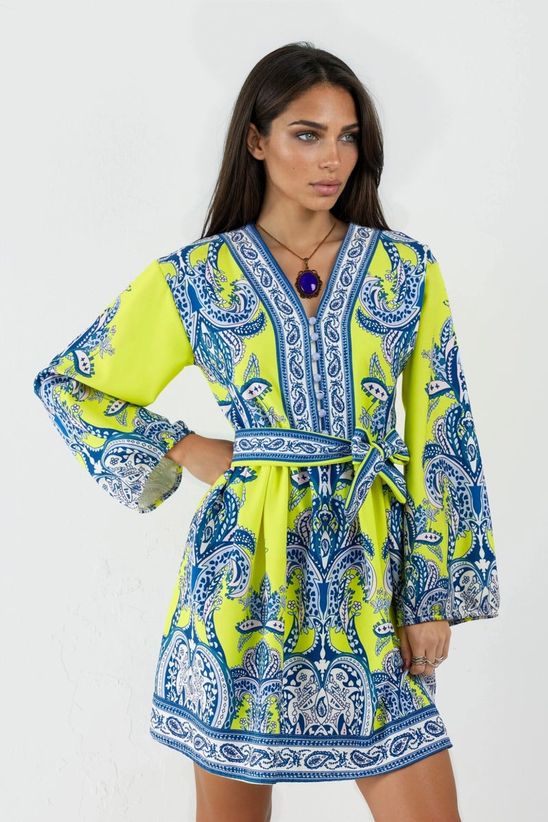 Jennyfer V-Neck Paisley A-Line Mini Dress with Buttons - Image 1