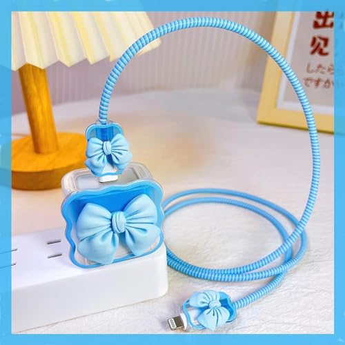 INEFABLE Charger Case Cover Protector with 3D Cute Pattern for iPhone Charger only 18W & 20W, Data Charging Cable Wire Saver Protective Cable Cover Full Protection - Set Of 1 (Blue Bow) - Image 2