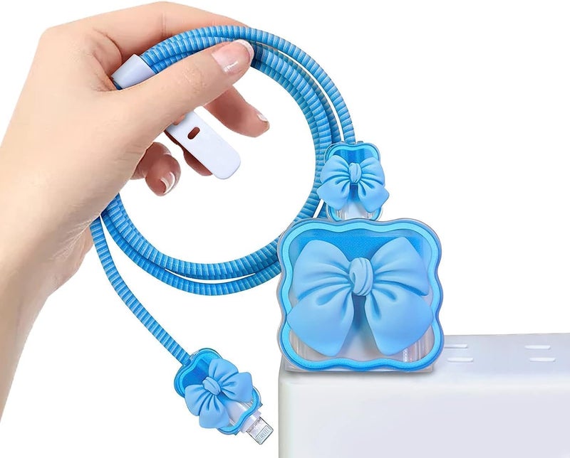 INEFABLE Charger Case Cover Protector with 3D Cute Pattern for iPhone Charger only 18W & 20W, Data Charging Cable Wire Saver Protective Cable Cover Full Protection - Set Of 1 (Blue Bow) - Image 1